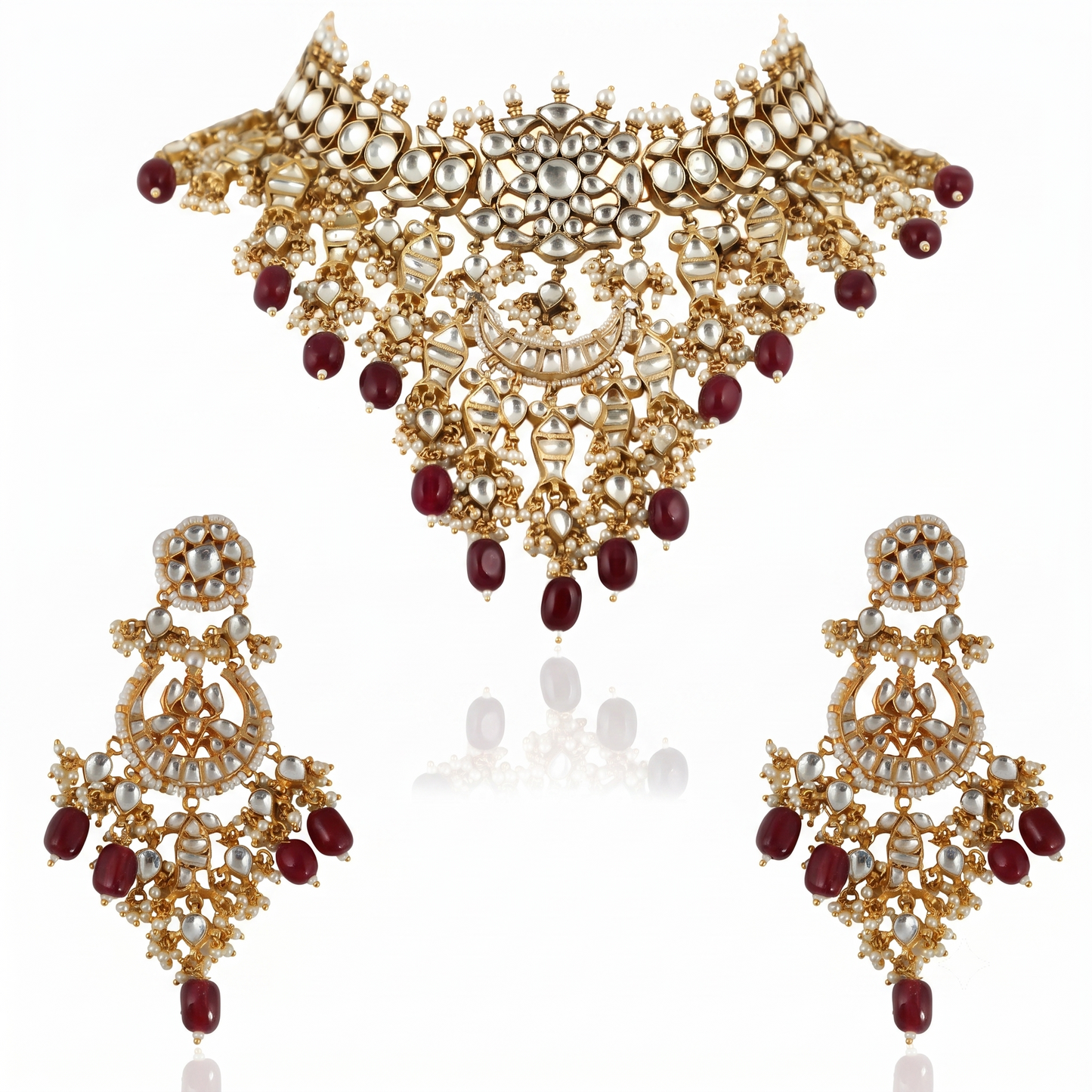 White Jadtar Stone Necklace With Green Beads