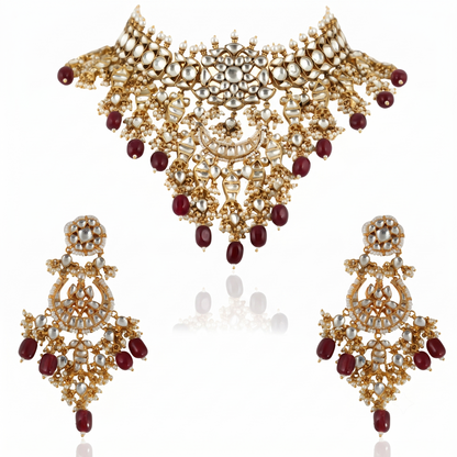 White Jadtar Stone Necklace With Green Beads