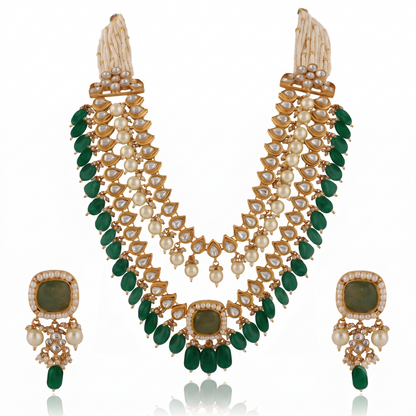 Indian Handcrafted Jadtar White & Mint Green Bridal Special Double Layered Necklace Set