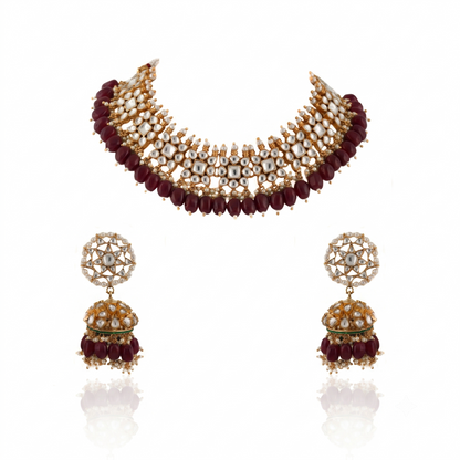 Small One Layer Choker Hanging With Beads With Star Shaped Jhumki