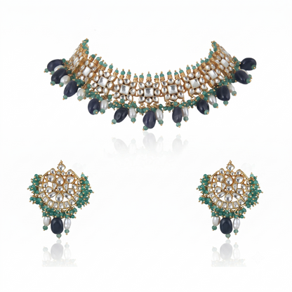 Square Shape White Jadtar Stone With  Beads Necklace Set