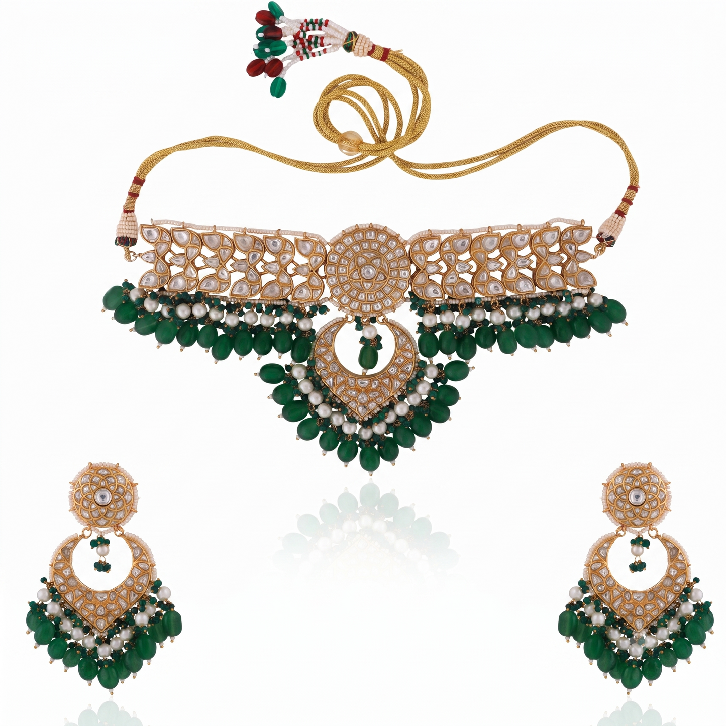 2026 Indian Wedding  Wear Sea Green Beads With White Jadtar Stone Necklace Set