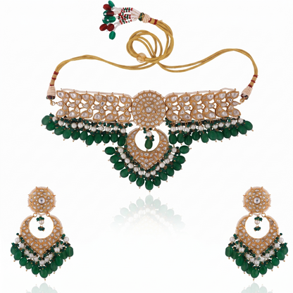 2026 Indian Wedding  Wear Sea Green Beads With White Jadtar Stone Necklace Set