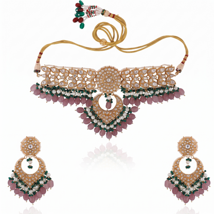 2026 Indian Wedding  Wear Sea Green Beads With White Jadtar Stone Necklace Set