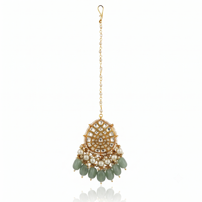 White Pearl With Green Beads  Maangtikka