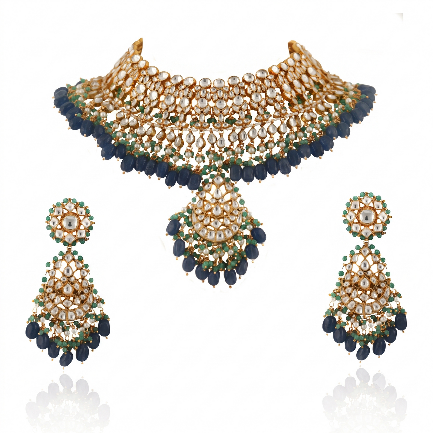 White Jadtar Stone With Pastel Pink & Green Heavy Bridal Necklace Set