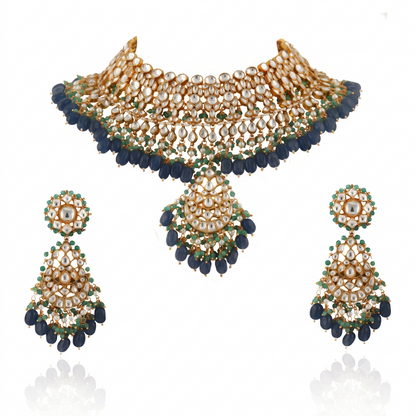 White Jadtar Stone With Pastel Pink & Green Heavy Bridal Necklace Set