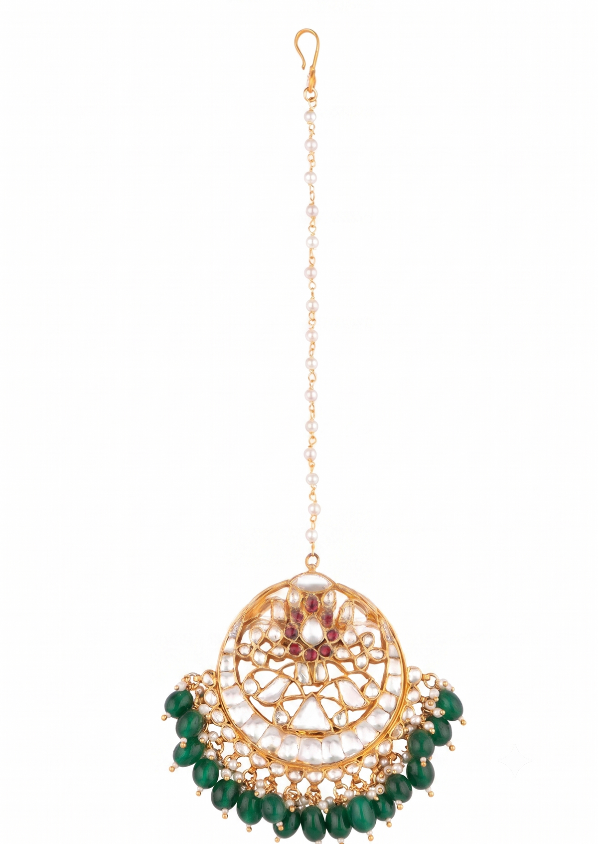 White Jadtar And Pink Pearl Studded Maang Tikka