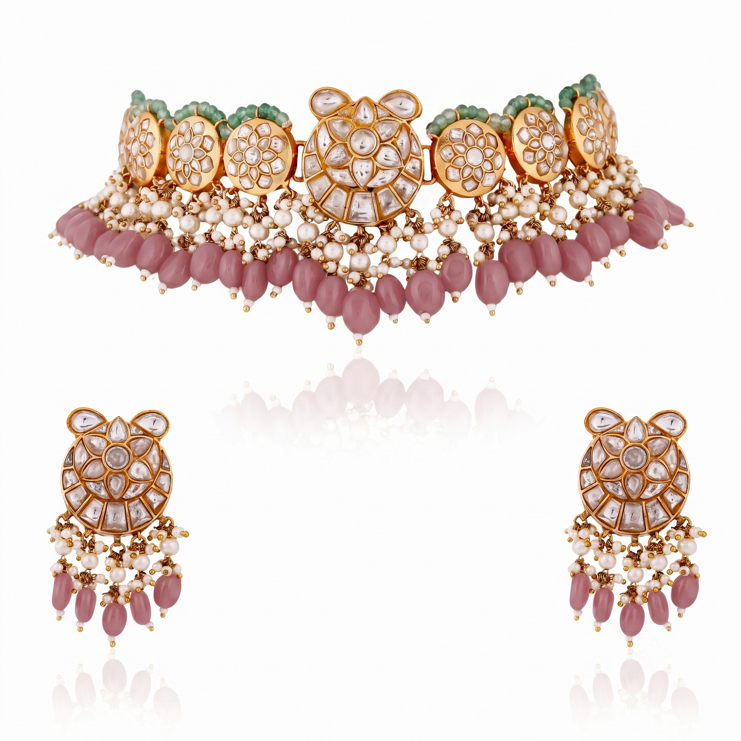 Fushion gold plated jadau necklace set with intricate design in pastel beads