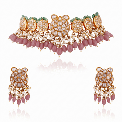 Fushion gold plated jadau necklace set with intricate design in pastel beads