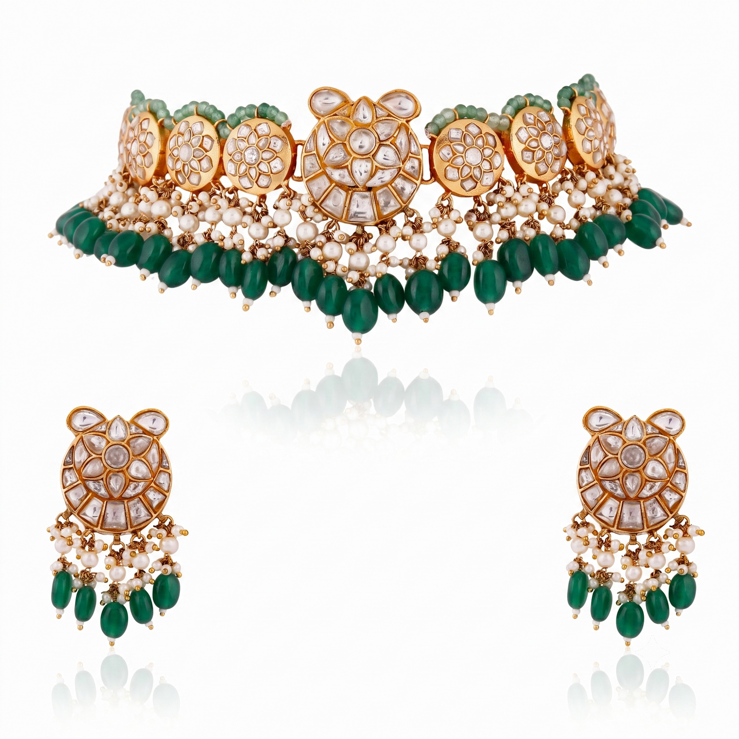 Fushion gold plated jadau necklace set with intricate design in pastel beads