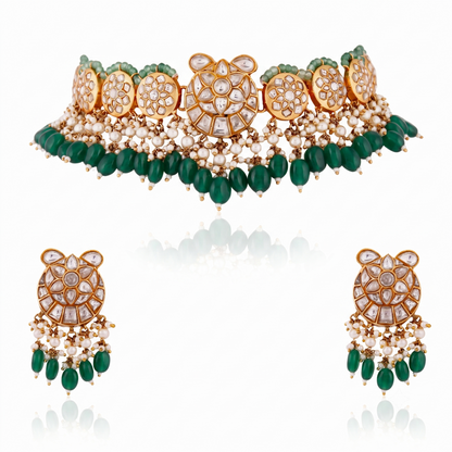 Fushion gold plated jadau necklace set with intricate design in pastel beads