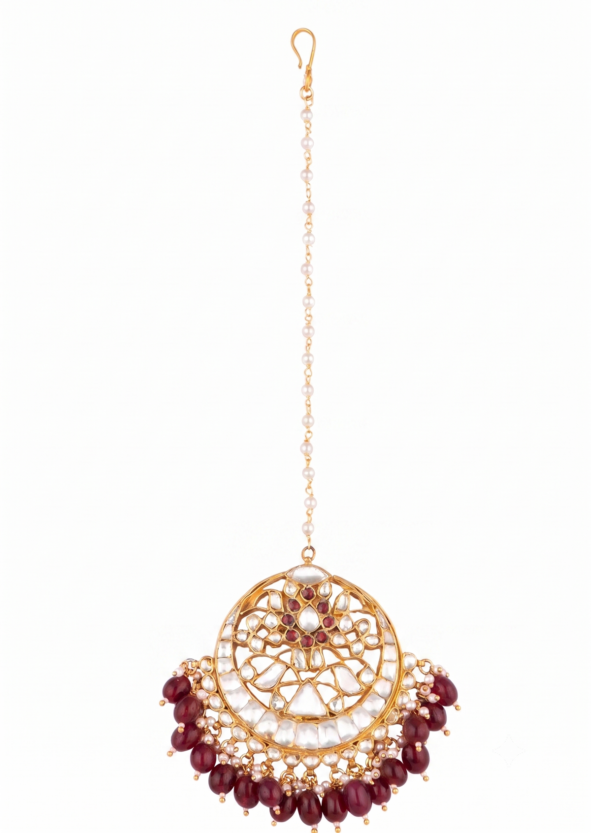 White Jadtar And Pink Pearl Studded Maang Tikka