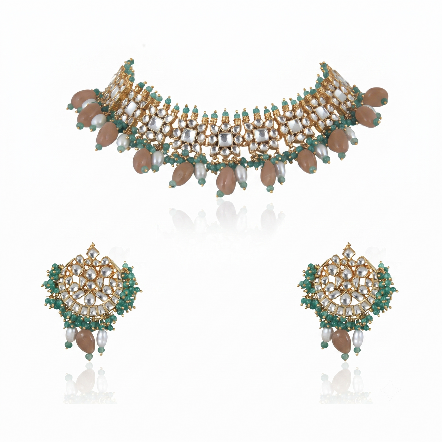 Square Shape White Jadtar Stone With  Beads Necklace Set