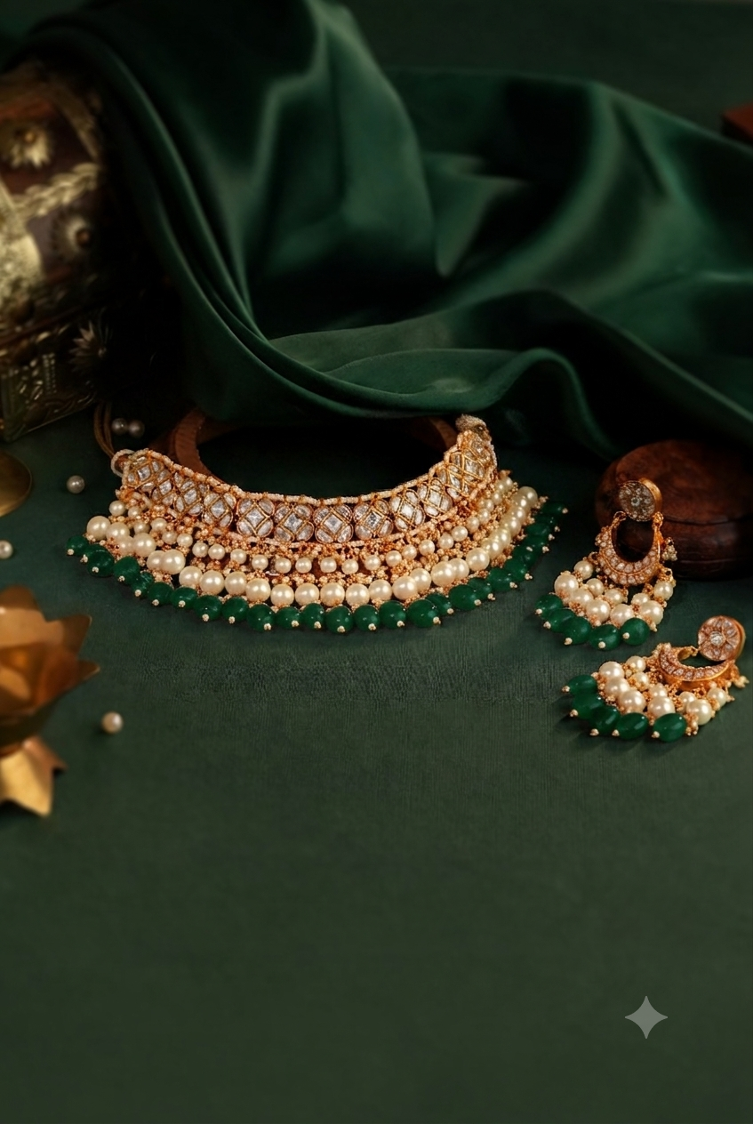 Gold finish beaded choker set with pearl