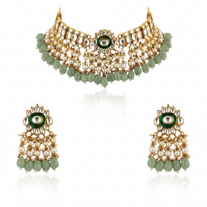 Gold plated choker set with white pearl