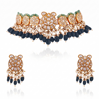 Fushion gold plated jadau necklace set with intricate design in pastel beads