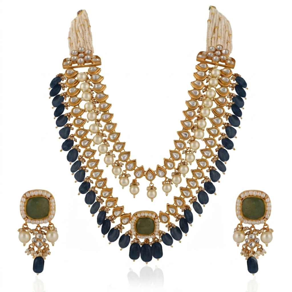 Indian Handcrafted Jadtar White & Mint Green Bridal Special Double Layered Necklace Set