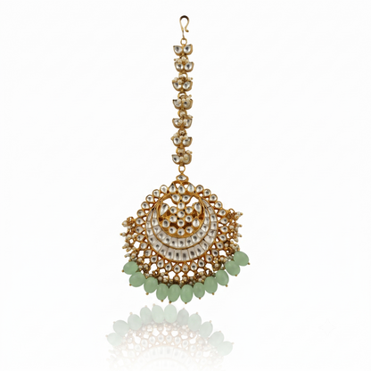 Heavy  Maangtikka Studded With Jadtar Stones And Green Drops