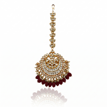 Heavy  Maangtikka Studded With Jadtar Stones And Green Drops