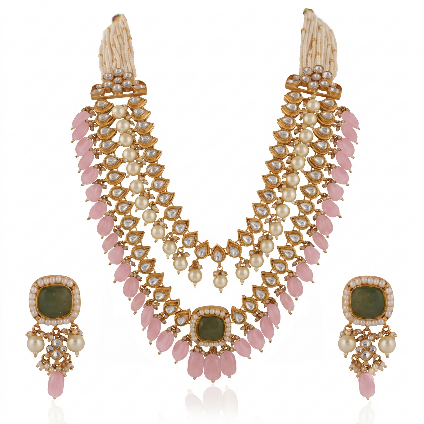 Indian Handcrafted Jadtar White & Mint Green Bridal Special Double Layered Necklace Set