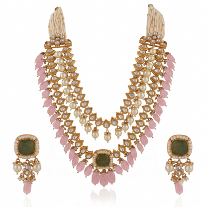 Indian Handcrafted Jadtar White & Mint Green Bridal Special Double Layered Necklace Set