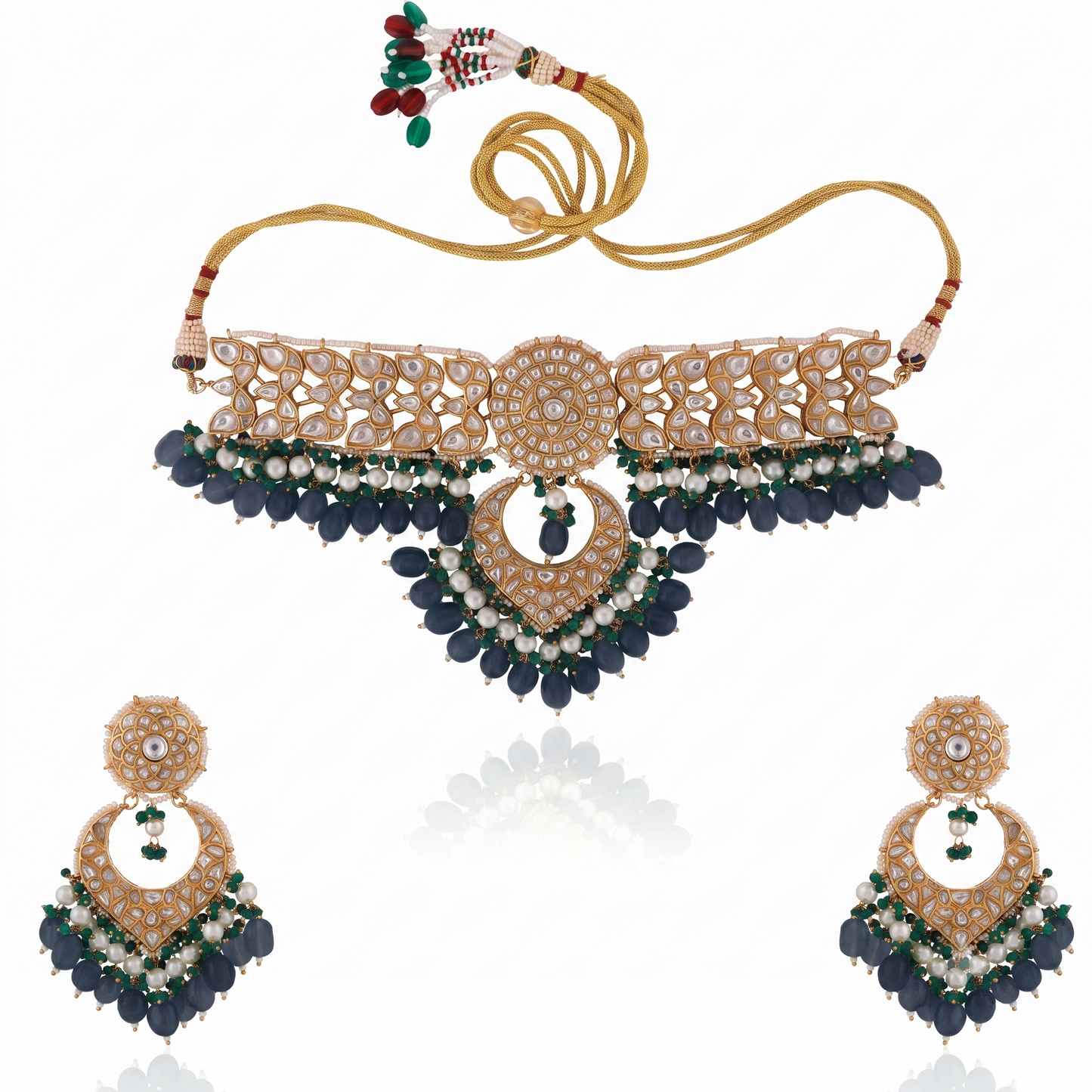 2026 Indian Wedding  Wear Sea Green Beads With White Jadtar Stone Necklace Set