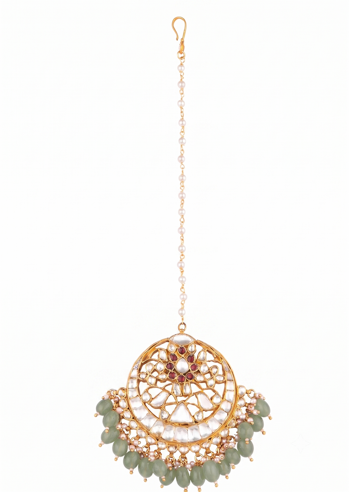 White Jadtar And Pink Pearl Studded Maang Tikka