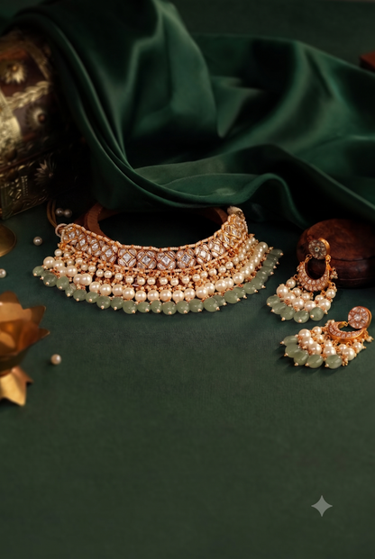 Gold finish beaded choker set with pearl
