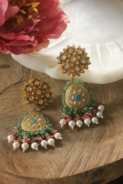 Indian green pink earrings with skyblue stone/Traditional jewelery/wedding jewelery
