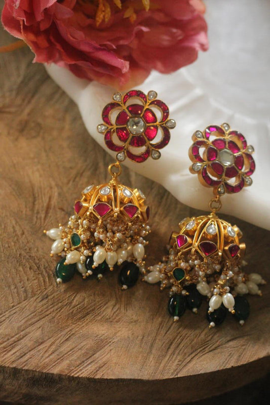 Riana Pink  stone with green beadsTraditionl Wear Jhumka