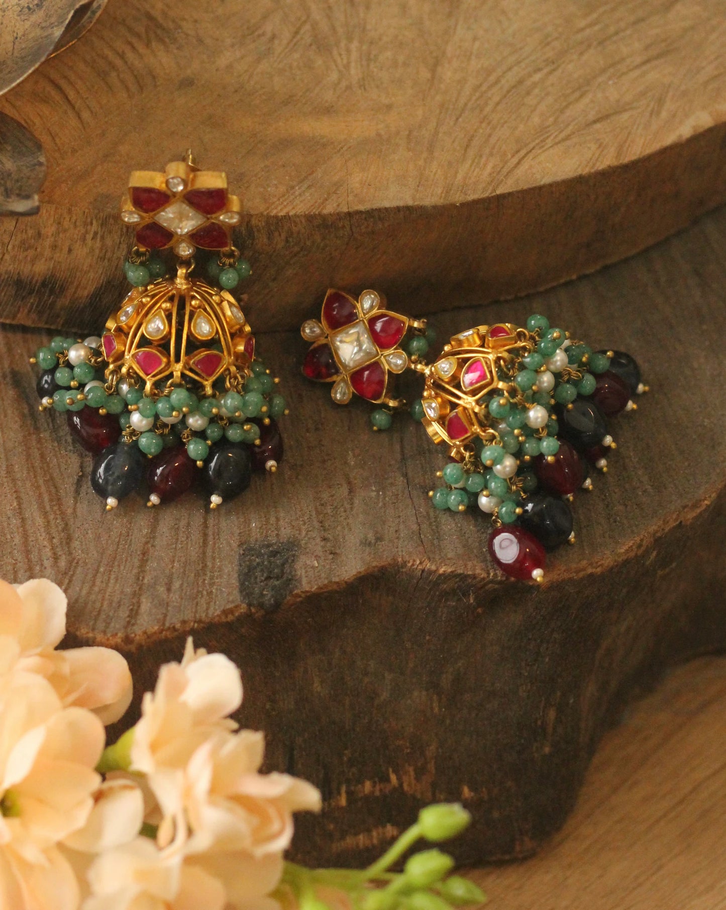 pink rajasthani earrings with sea green hangings