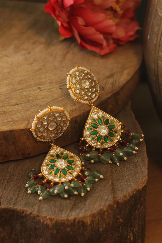 Green color gold plated jadtar earrings
