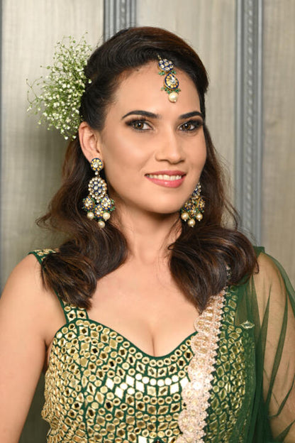 Blue Meenakari Earrings With White Pearl And Sea Green Hangings