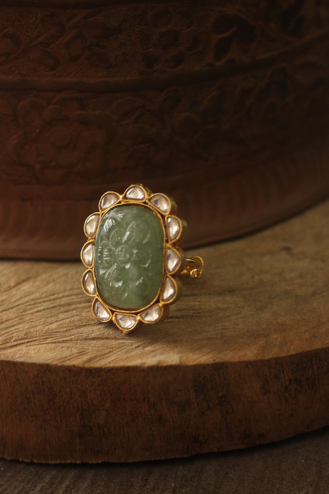 22kt Gold plated Hand Carved jade stone ring