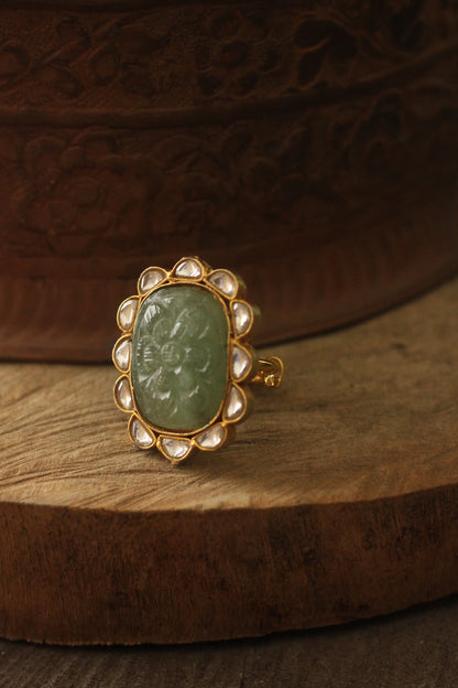 22kt Gold plated Hand Carved jade stone ring