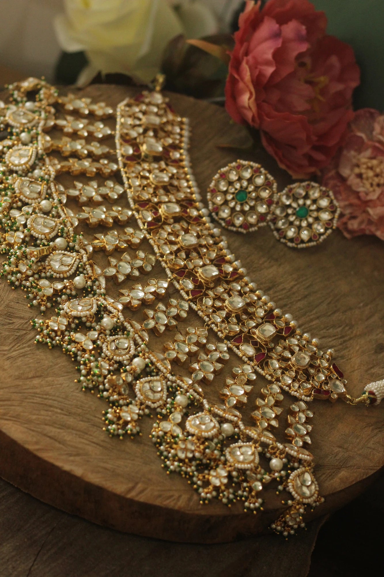 22 kt gold plated pink green heavy bridal necklace set  With studs