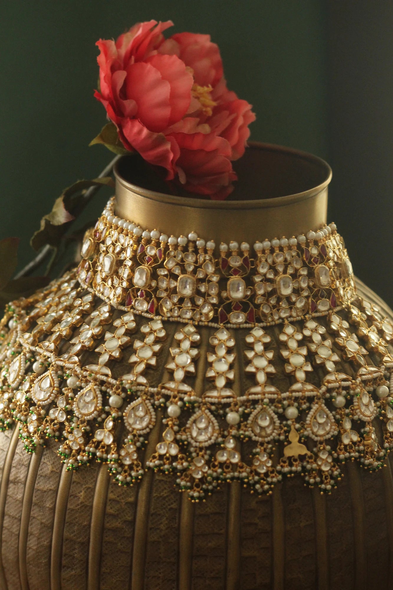 22 kt gold plated pink green heavy bridal necklace set  With studs