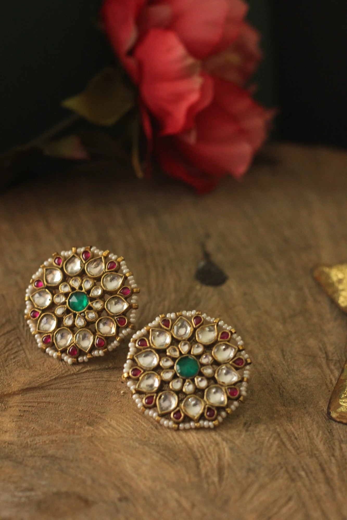 22 kt gold plated pink green heavy bridal necklace set  With studs