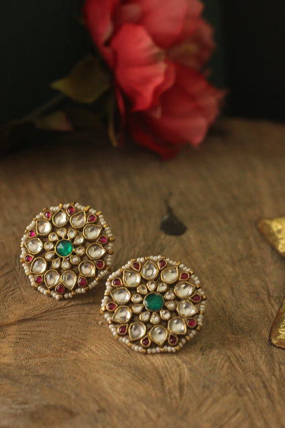 22 kt gold plated pink green heavy bridal necklace set  With studs