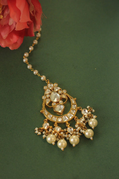 Gold Finish White Pearl Jadtar Maangtika