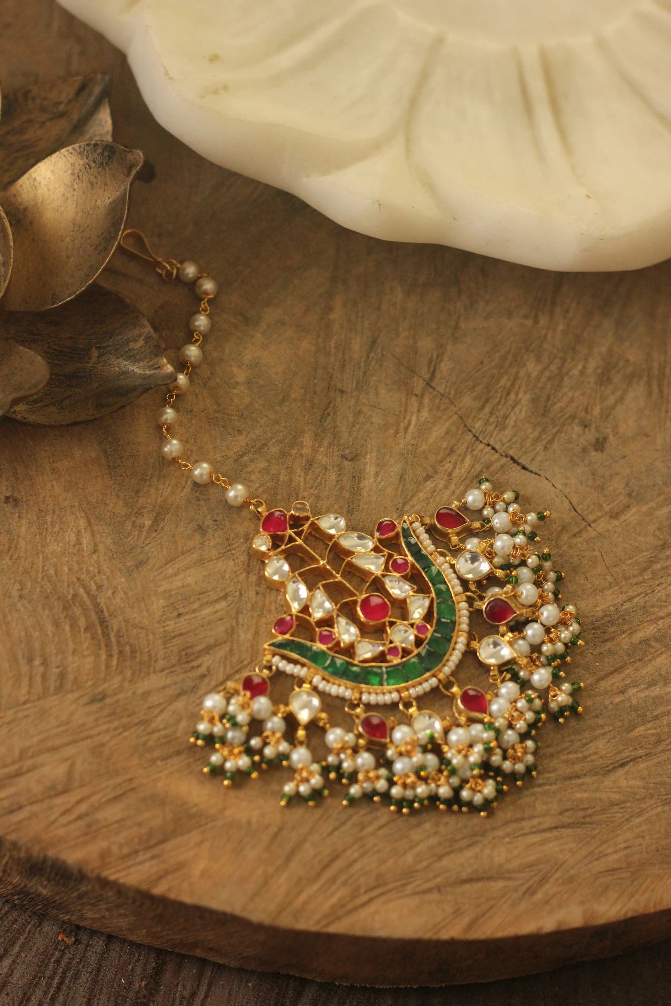 Indian forehead jewelry/Jadtar pink green maangtikka