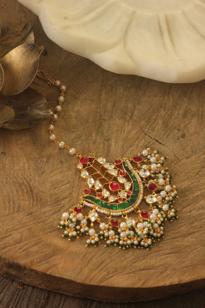 Indian forehead jewelry/Jadtar pink green maangtikka