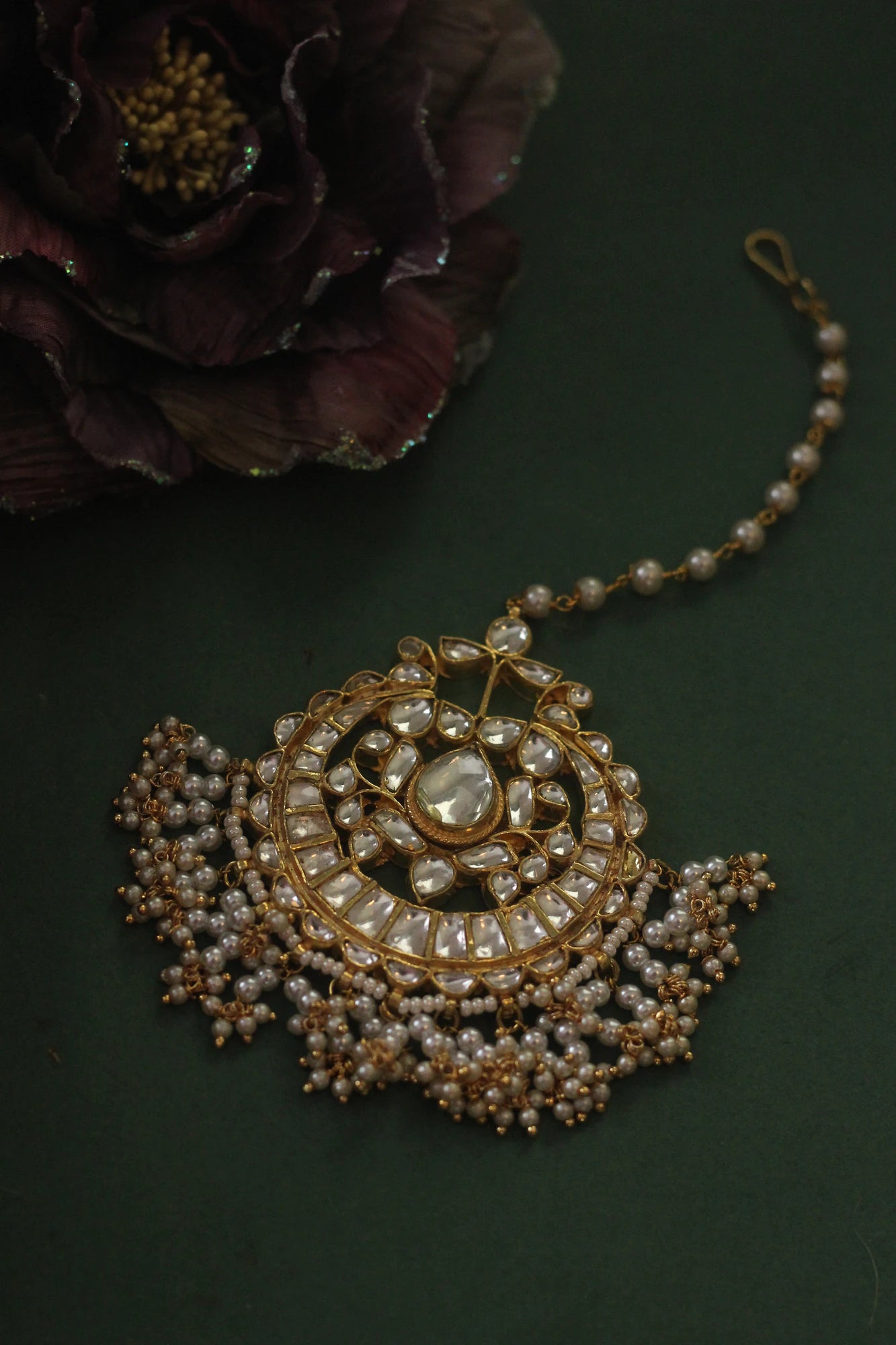 Women gold plated pearl and jadtar studded Maangtikka