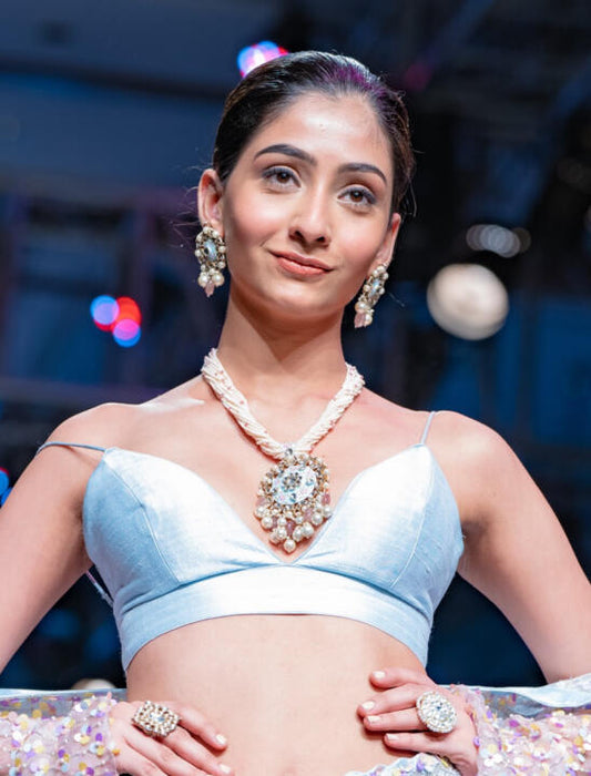 Long Necklace Set  With Firozi Mina Work Pendant And Pastel Pink Beads