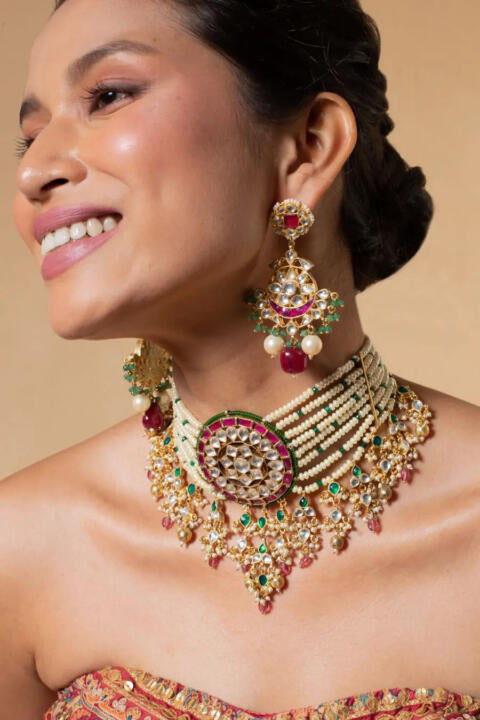 Indian Handmade White And Pink Choker Set With Pink Drop
