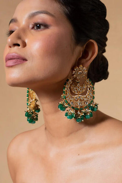 White Big Chand Baali Style Earrings Beadded Green Beads