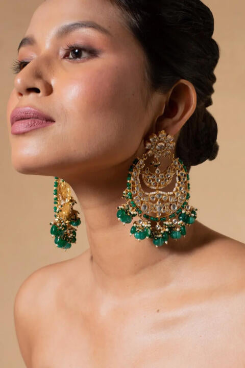 White Big Chand Baali Style Earrings Beadded Green Beads