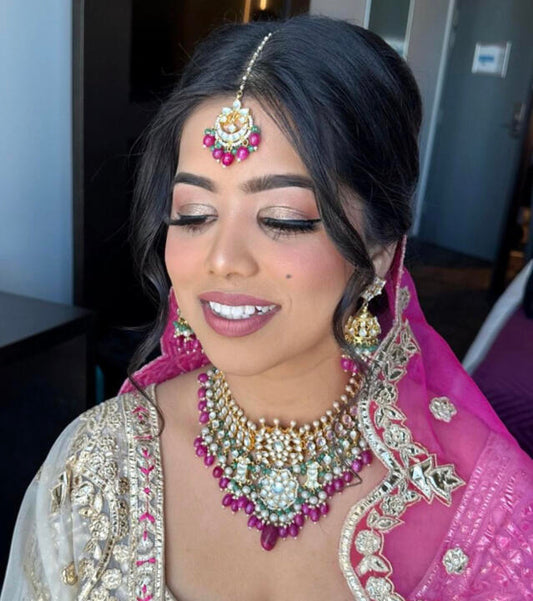 Choker Necklace Set With Jhumkis In Fresh Pink And Emerald Green