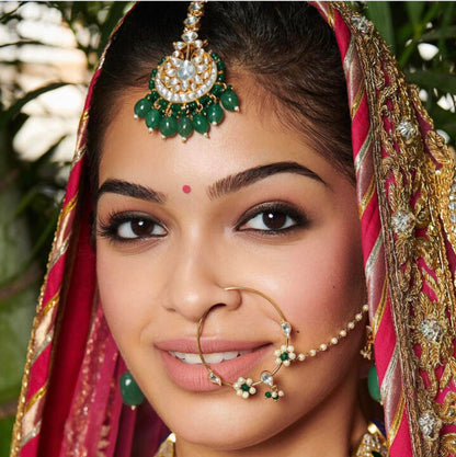 White Jadtar And Green Pearl Studded Bridal Maang Tikka